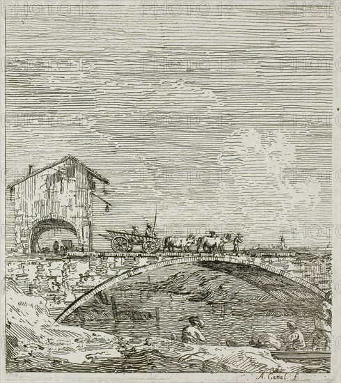 The Wagon Passing over a Bridge, from Vedute, 1735/44, Canaletto, Italian, 1697-1768, Italy, Etching in black on ivory laid paper, 141 x 127 mm (image), 145 x 129 mm (plate), 432 x 587 mm (sheet)