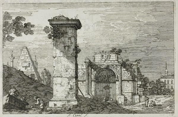 Landscape with Ruined Monuments, from Vedute, 1735/44, Canaletto, Italian, 1697-1768, Italy, Etching in black on ivory laid paper, 141 x 215 mm (image), 147 x 219 mm (plate), 431 x 587 mm (sheet)