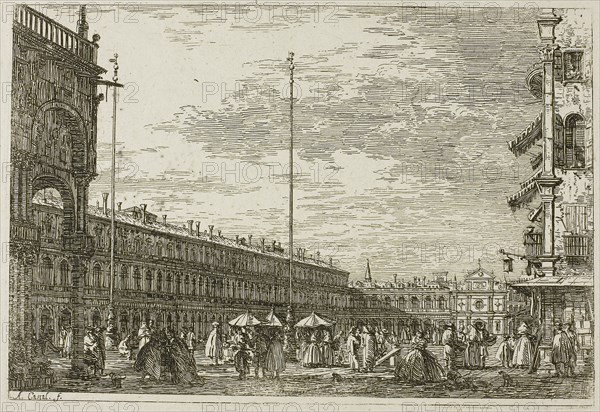 Le Procuratie niove e S. Ziminian V, from Vedute, 1735/44, Canaletto, Italian, 1697-1768, Italy, Etching in black on ivory laid paper, 140 x 211 mm (image), 145 x 212 mm (plate), 433 x 581 mm (sheet)