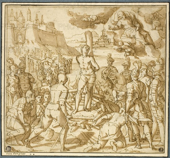 Study for Saint James Saving an Innocent from the Flames, 1600, Lazzaro Tavarone, Italian, 1556-1641, Italy, Pen and brown ink with brush and brown wash, over black chalk, on ivory laid paper, laid down on ivory laid card, 270 x 295 mm (max.)