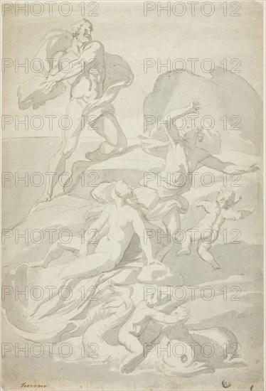 Polyphemus Throwing Boulder at Acis, with Galatea (recto), and Pholyphemus Lifting Boulder (verso), n.d., John William Taverner, English, 1703-1772, England, Black chalk, and brush and gray wash (recto), and black chalk, and brush and brown wash (verso), on ivory laid paper, 428 × 289 mm