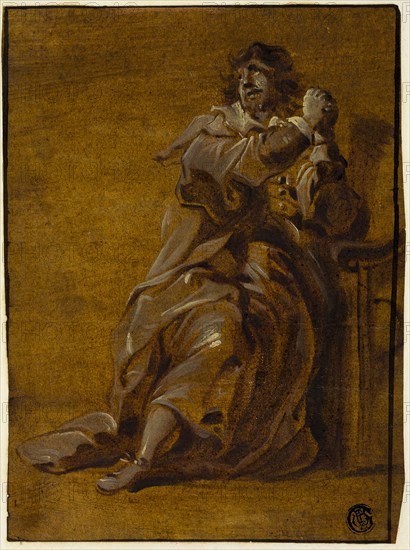 Man with Hands Clasped, n.d., Style of Thomas Willeboirts (Flemish, 1614-1654), or Style of Jacques Callot (French, 1592-1635), Flanders, Oil paint, on laid paper, laid down on Japanese paper, 183 × 136 mm