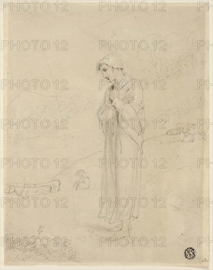 Shepherdess, 1810/20, Richard Westall, English, 1765-1836, England, Graphite heightened with watercolor and touches of white gouache on gray wove paper, 220 × 172 mm