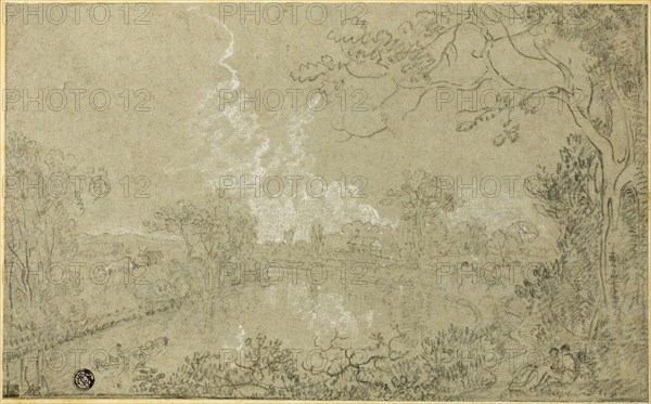 Banks of the River Dee near Eaton Hall, Cheshire, c. 1759, Richard Wilson, English, 1714-1782, England, Black and white chalk on blue laid paper, laid down on card, 187 × 304 mm