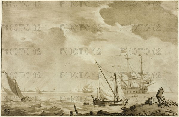 Seascape, n.d., Jacob Cornelis Ploos van Amstel (Dutch, 1726-1798), or after Ludolf van Bakhuyzen (Dutch, 18th century), Netherlands, Pen and wash on paper, 177 x 271 mm