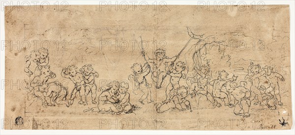 Playing Putti, n.d., Possibly Jacob de Wit (Dutch, 1695-1754), or an unknown artist (Dutch, 18th century), Netherlands, Pen and brown inkm over traces of black chalk, on tan laid paper, 143 x 330 mm