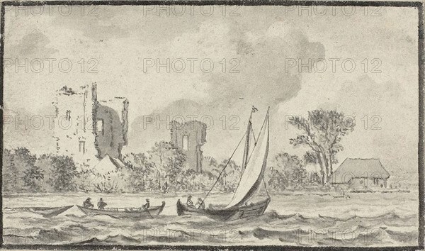 Three Boats on a River with Ruins Along the Shore, n.d., Attributed to Allart van Everdingen, Dutch, 1621-1675, Holland, Brush and gray wash over traces of black chalk on ivory laid paper, tipped onto laid paper, 50 x 86 mm