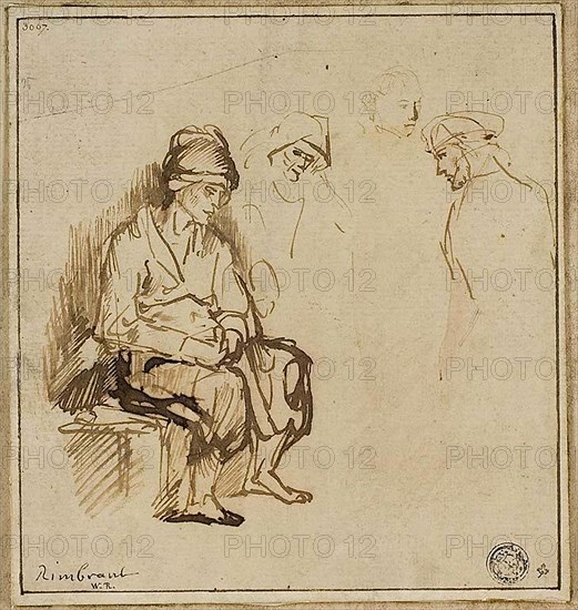 Woman Seated on Bench and Three Sketches of Heads, n.d., School of Rembrandt van Rijn, Dutch, 1606-1669, Netherlands, Pen and brown ink, with touches of brush and brown ink wash, on cream laid paper, 140 x 133 mm