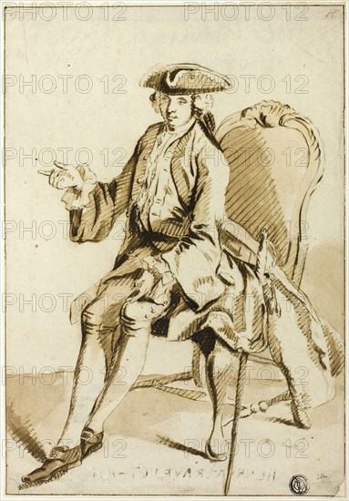 Young Seigneur Seated, 18th century, Hubert François Gravelot, French, 1699-1773, France, Pen and brownish ink with wash on paper, from which the print was made, 244 × 170 mm