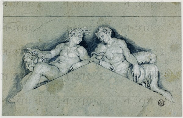 Overdoor with Allegorical Male Figure, 17th century, Paolo Caliari, called Veronese, after, Italian, 1528-1588, Italy, Brush and blue wash, heightened with lead white, on blue laid paper, 168 x 260 mm
