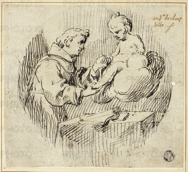 Saint Anthony of Padua with the Infant Jesus, n.d., Antonio del Castillo y Saavedra, Spanish, 1603-1667, Spain, Pen and black ink, on ivory laid paper, laid down on ivory laid paper, laid down on cream wove card, 139 x 154 mm