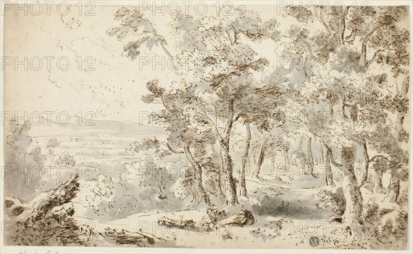 Forest, Valley and Distant Hills, n.d., Karl Schutz, Austrian, 1745-1800, Austria, Pen and brown ink, with brush and gray wash, on  cream laid paper, tipped onto ivory laid paper, 237 × 391 mm