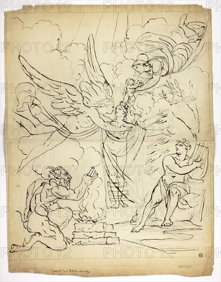 Unidentified Mythological Birth Scene (recto), Cupid and Psyche (verso), n.d., Unknown Artist, French, 18th century, France, Pen and brown ink over black chalk on cream laid paper, 646 × 491 mm
