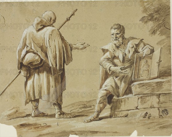 Two Pilgrims with Portable Shrine, n.d., Tiberius Dominikus Wocher, Swiss, 1728-1799, Switzerland, Pen and brown ink, with brush and brown wash over graphite, heightened with white gouache, on greenish-gray laid paper, 204 x 255 mm