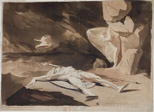 Thetis Mourning the Body of Achilles, 1780, Henry Fuseli, Swiss, active in England, 1741-1825, England, Brush and brown and brownish-red wash, over graphite, on cream laid paper, 410 × 557 mm