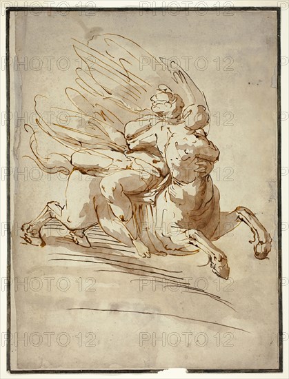 Rape of Deianira, after c. 1575, After Luca Cambiaso, Italian, 1527-1585, Italy, Pen and brown and reddish brown ink with brush and reddish brown wash, on ivory laid paper, laid down on ivory laid paper, 381 x 281 mm (max.)