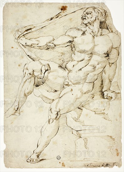 Academic Male Nude Representing Hercules with Nessus’s Robe (recto and verso), n.d., After Baccio Bandinelli, Italian, 1493-1560, Italy, Pen and brown ink over traces of black chalk (recto and verso), on ivory laid paper, 398 x 284 mm