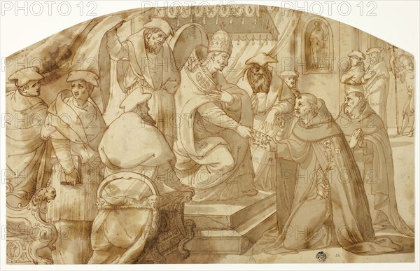 Pope Granting Saint Anthony of Padua a Bull of Indulgence, n.d., Circle of Paolo Farinato, Italian,  1524-c.1606, Italy, Pen and brown ink with brush and brown wash, over red chalk, on ivory laid paper, laid down on cream wove paper, 253 x 400 mm (max.)