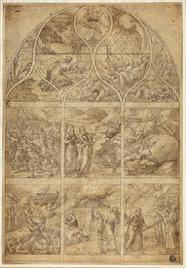 Design for a Stained Glass Window with the Story of Aaron, n.d., Jean Cousin, the younger, French, c. 1522-1594, France, Pen and brown ink and brush and brown wash, on tan laid paper, laid down on cream laid paper, 382 × 262 mm