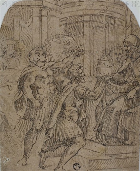 Study for the Emperor Constantine Offering the Tiara to Pope Sylvester, n.d., After Raffaello Sanzio, called Raphael, Italian, 1483-1520, Italy, Pen and brown ink on lunette-shaped tan laid paper, laid down on cream laid paper, 232 x 190 mm