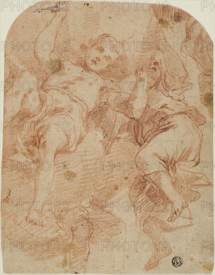 Study of Two Angels, 1661/1666, Mattia Preti, Italian, 1613-1699, Italy, Red chalk on buff laid paper, laid down on cream laminate card, 252 x 195 mm