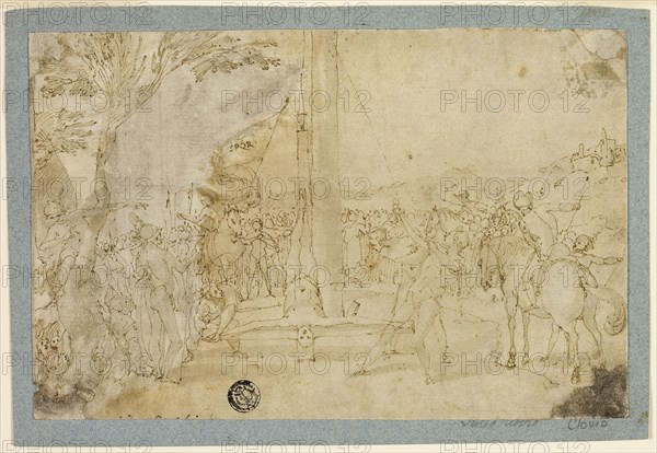 Martyrdom of Saint Peter, 1598/99, Andrea Boscoli, Italian, c. 1560-1608, Italy, Pen and brown ink, with brush and gray wash, over traces of black chalk, on ivory laid paper, tipped on to light blue laid paper, 124 x 189 mm