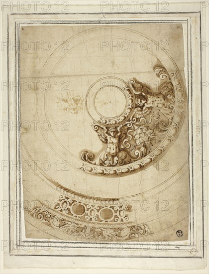 Design for a Platter or Basin, n.d., Italian, Late 16th Century, Italy, Pen and brown ink with brush and brown wash, on buff laid paper, with incising, laid down on ivory laid paper, 312 x 240 mm