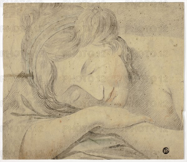 Sleeping Woman With Head on Arms, n.d., Unknown artist, possibly German, 18th century, Germany, Charcoal, with red and green and blue chalk, on tan wove paper, 235 × 271 mm