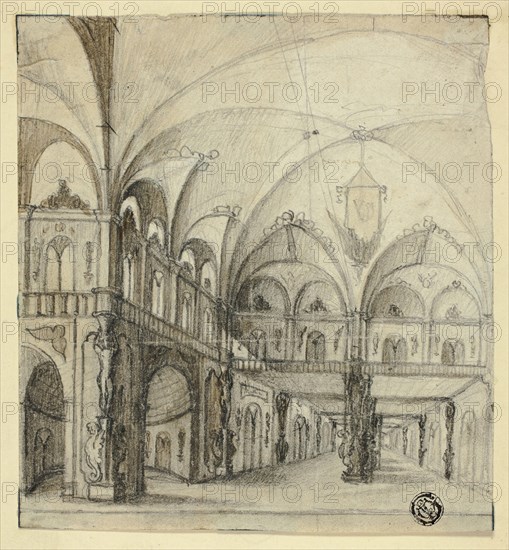 Fantastic Interior, n.d., Unknown artist, possibly 19th century, Unknown Place, Graphite, with brush and pale brown wash, on cream wove paper, tipped on tan wove card, 157 × 145 mm
