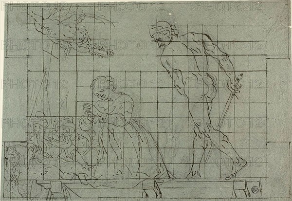Beheading of a Female Saint, n.d., Unknown Artist, Italian, 17th century, Italy, Pen and black ink, over traces of black chalk, on blue-gray laid paper, squared in black ink, 255 x 369 mm
