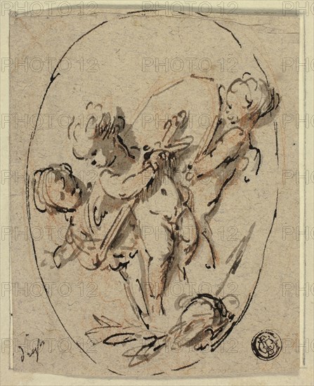 Putti with Shield and Sword, n.d., Jacob de Wit, Dutch, 1695-1754, Holland, Pen and brown ink with brush and brown wash, over red chalk, on buff laid paper, tipped onto ivory laid paper, 123 × 98 mm