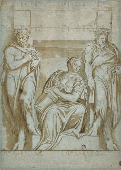 Fortitude (or Strength) Flanked by Two Satyrs, n.d., Paolo Caliari, called Veronese, Italian, 1528-1588, Italy, Brush and brown wash, heightened with lead white (partially oxidized), over black chalk, on blue laid paper, squared in black chalk, 392 × 280 mm (max.)