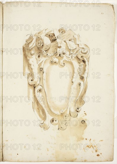 Design for Escutcheon, with Artist’s Instruments, n.d., Unknown Artist, possibly Italian, Italy, Black chalk and brush and brown wash on ivory  laid paper, 405 × 580 mm
