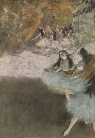 On the Stage, 1876–77, Edgar Degas, French, 1834-1917, France, Pastel and essence over monotype on cream laid paper, laid down on board, 592 × 428 mm