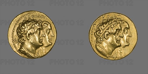 Tetradrachm (Coin) Portraying King Ptolemy II Philadelphos and Queen Arsinoe II, After 270 BC, issued by King Ptolemy II, reign of Ptolemy II and Arsinoe II, 285–247 BC, Greek, Egypt, Gold, Diam. 2.1 cm, 13.85 g