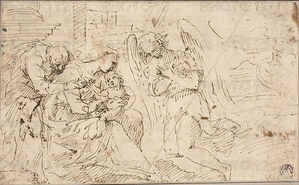 Holy Family with Angel, c. 1525, Jacopo Negretti, called Palma il Vecchio, or his school, Italian, c. 1480-1528, Italy, Pen and brown ink on cream laid paper, laid down on gray card, 120 x 196 mm