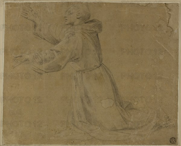Kneeling Monastic Saint with Raised Arms, 1500/25, Circle of Giovanni Antonio Sogliani, Italian, 1492-1544, Italy, Black chalk heightened with traces of white chalk, on tan laid paper, tipped onto cream wove card, 210 x 257 mm