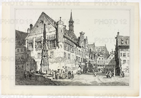 Rath Haus, Ulm, 1833, Samuel Prout (English, 1783-1852), probably printed by Charles Joseph Hullmandel (English, 1789-1850), probably published by Rudolph Ackermann (English, 1764-1834), England, Lithograph in black on grayish-ivory chine, laid down on ivory wove paper, 290 × 425 mm (image), 310 × 445 mm (primary support), 345 × 500 mm (secondary support)