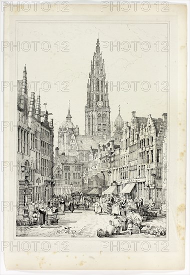Antwerp, 1833, Samuel Prout (English, 1783-1852), probably printed by Charles Joseph Hullmandel (English, 1789-1850), probably published by Rudolph Ackermann (English, 1764-1834), England, Lithograph in black on grayish-ivory chine, laid down on ivory wove paper, 290 × 425 mm (image), 310 × 445 mm (primary support), 345 × 500 mm (secondary support)