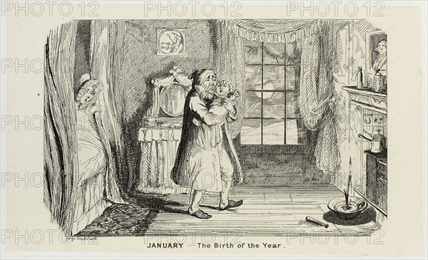 January, The Birth of the Year from George Cruikshank’s Steel Etchings to The Comic Almanacks: 1835-1853, 1839, printed c. 1880, George Cruikshank (English, 1792-1878), published by Pickering & Chatto (English, 19th century), England, Steel etching in black on cream India paper, laid down on off-white card (chine collé), 93 × 157 mm (primary support), 222 × 284 mm (secondary support)