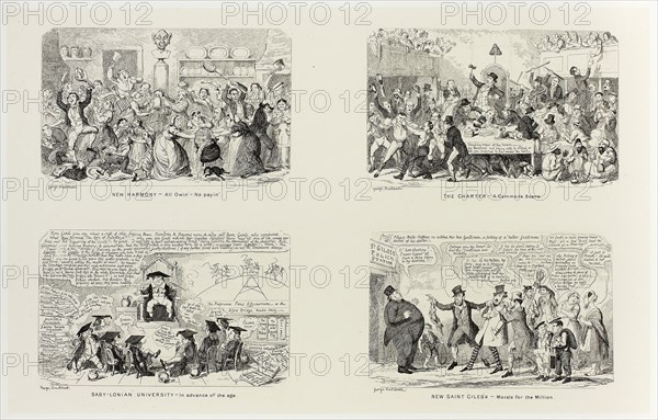 New Harmony, All Owin’ No Payin’ from George Cruikshank’s Steel Etchings to The Comic Almanacks: 1835-1853 (top left), 1843, printed c. 1880, George Cruikshank (English, 1792-1878), published by Pickering & Chatto (English, 19th century), England, Four steel etchings in black on cream India paper, laid down on off-white card (chine collé), 212 × 337 mm (primary support), 345 × 508 mm (secondary support)