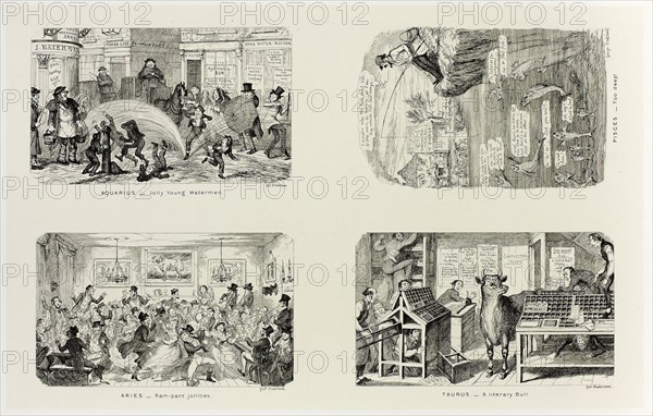 Aquarius, Jolly Young Watermen from George Cruikshank’s Steel Etchings to The Comic Almanacks: 1835-1853 (top left), 1846, printed c. 1880, George Cruikshank (English, 1792-1878), published by Pickering & Chatto (English, 19th century), England, Four steel etchings in black on cream India paper, laid down on off-white card (chine collé), 214 × 338 mm (primary support), 343 × 509 mm (secondary support)