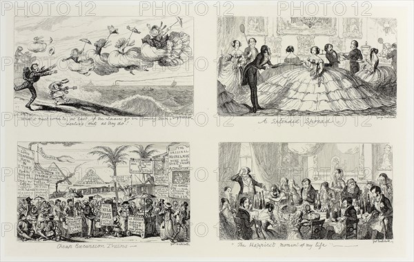 What It Must Come To, At Last, if the Ladies Go On Blowing Themselves Out as They Do! from George Cruikshank’s Steel Etchings to The Comic Almanacks: 1835-1853 (top left), 1850, printed c. 1880, George Cruikshank (English, 1792-1878), published by Pickering & Chatto (English, 19th century), England, Four steel etchings in black on cream India paper, laid down on off-white card (chine collé), 209 × 334 mm (primary support), 344 × 506 mm (secondary support)