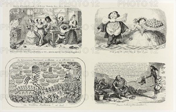 Scarcity of Domestic Services, or Every Family Their Own Cooks!!! from George Cruikshank’s Steel Etchings to The Comic Almanacks: 1835-1853 (top left), 1853, printed c. 1880, George Cruikshank (English, 1792-1878), published by Pickering & Chatto (English, 19th century), England, Four steel etchings in black on cream India paper, laid down on off-white card (chine collé), 213 × 338 mm (primary support), 343 × 504 mm (secondary support)