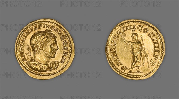 Aureus (Coin) Portraying Emperor Caracalla, 216, issued by Caracalla, Roman, minted in Rome, Rome, Gold, Diam. 2 cm, 6.62 g