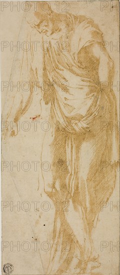 Study of Levi, 1526/32, Alonso Berruguete, Spanish, 1486-1561, Spain, Pen and brown ink, on tan laid paper, tipped onto yellow wove paper, 253 x 110 mm