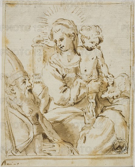 Madonna and Child with Two Male Saints, n.d., Giacomo Bambini (Italian, c. 1582-1629), or circle of Guido Reni (Italian, 1575-1642), Italy, Pen and brown ink, with brush and brown wash, on ivory laid paper, laid down on ivory laid paper, tipped onto cream card, 107 x 86 mm