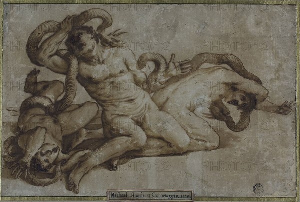 Laocoön, 1550/59, Italian, 16th century, Italy, Pen and iron gall ink with brush and brown wash, on tan laid paper, laid down on cream wove card, 182 × 276 mm