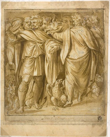 Sacrificial Scene, n.d., After Polidoro Caldara, called Polidoro da Caravaggio, Italian, c. 1499-c. 1543, Italy, Pen and brown ink with brush and brown wash, heightened with lead white (partly oxidized), on ivory laid paper, 270 x 236 mm