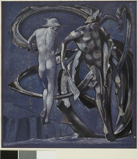 Perseus and Andromeda, study for The Doom Fulfilled, 1875, Sir Edward Burne-Jones, English, 1833-1898, England, Gouache with gold paint on board, 330 × 303 mm